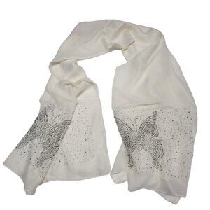 White Butterfly Motif Metal Studded Scarf Long Wide Thin Rectangular Scarf- NEW